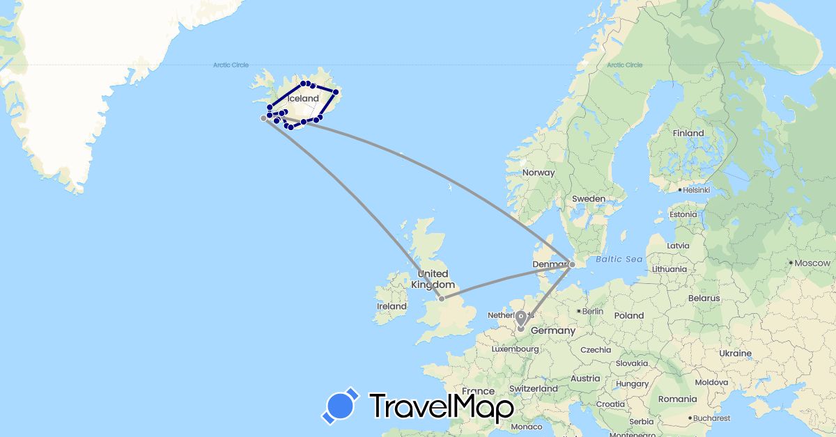 TravelMap itinerary: driving, plane in Germany, Denmark, United Kingdom, Iceland (Europe)
