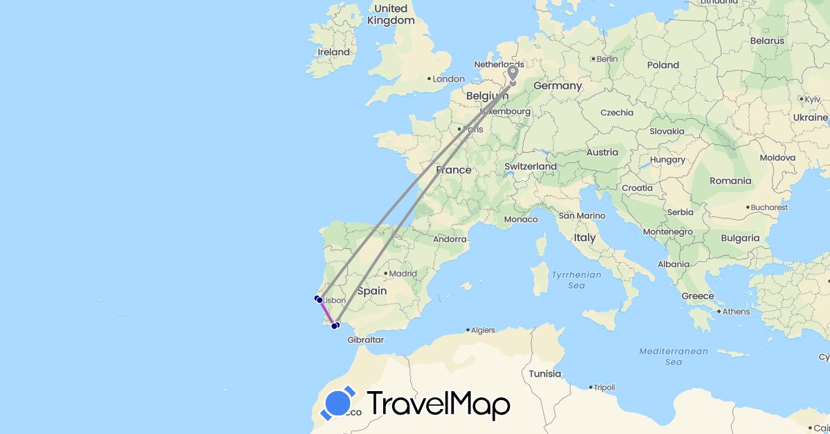 TravelMap itinerary: driving, plane, train in Germany, Portugal (Europe)