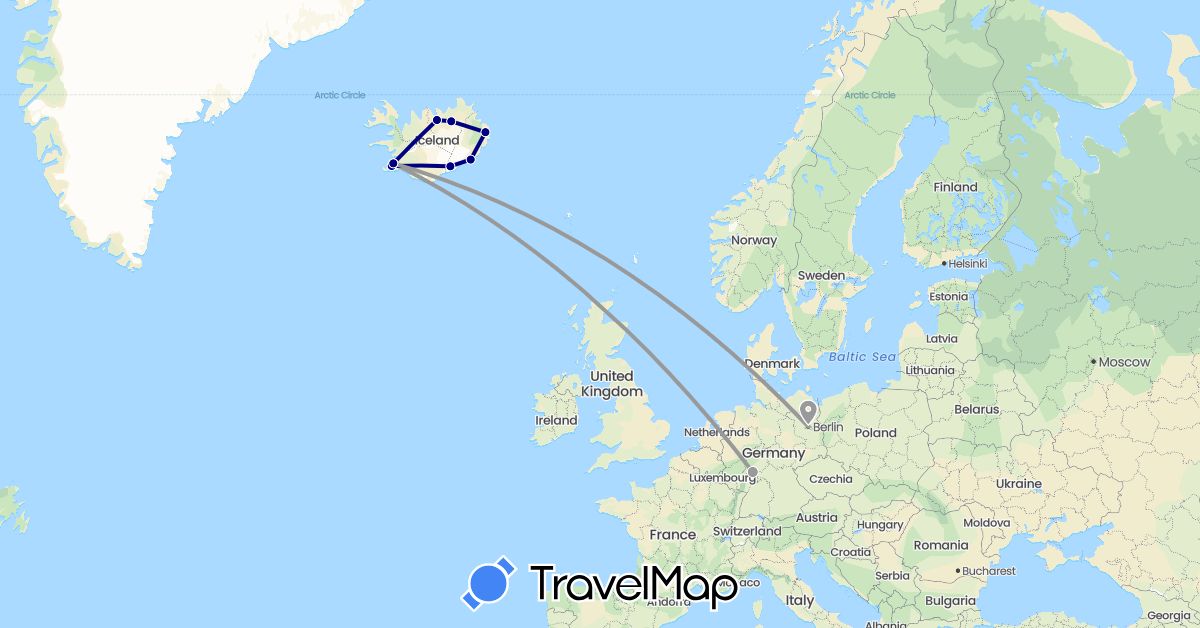 TravelMap itinerary: driving, plane in Germany, Iceland (Europe)