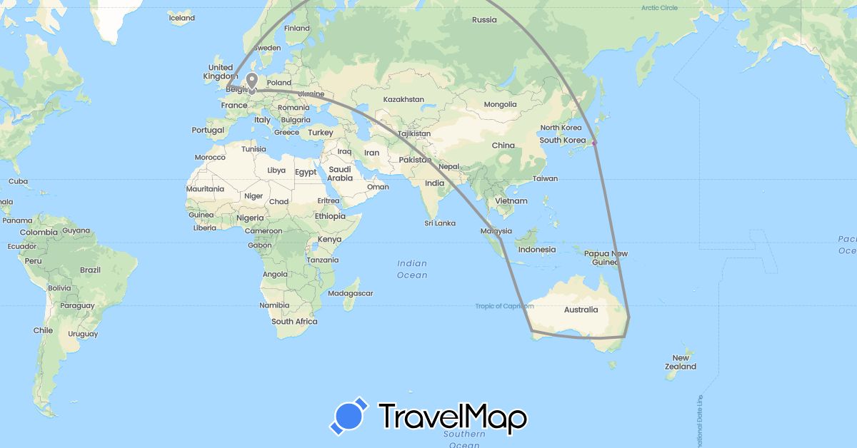 TravelMap itinerary: driving, plane, train, hiking in Australia, Germany, United Kingdom, Japan, Singapore (Asia, Europe, Oceania)