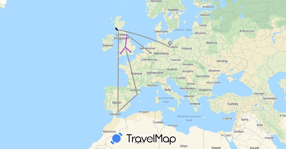 TravelMap itinerary: driving, plane, train in Germany, Spain, United Kingdom (Europe)