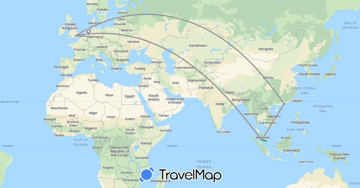 TravelMap itinerary: driving, bus, plane, train, hiking, boat in Germany, United Kingdom, Hong Kong, Macau, Malaysia (Asia, Europe)