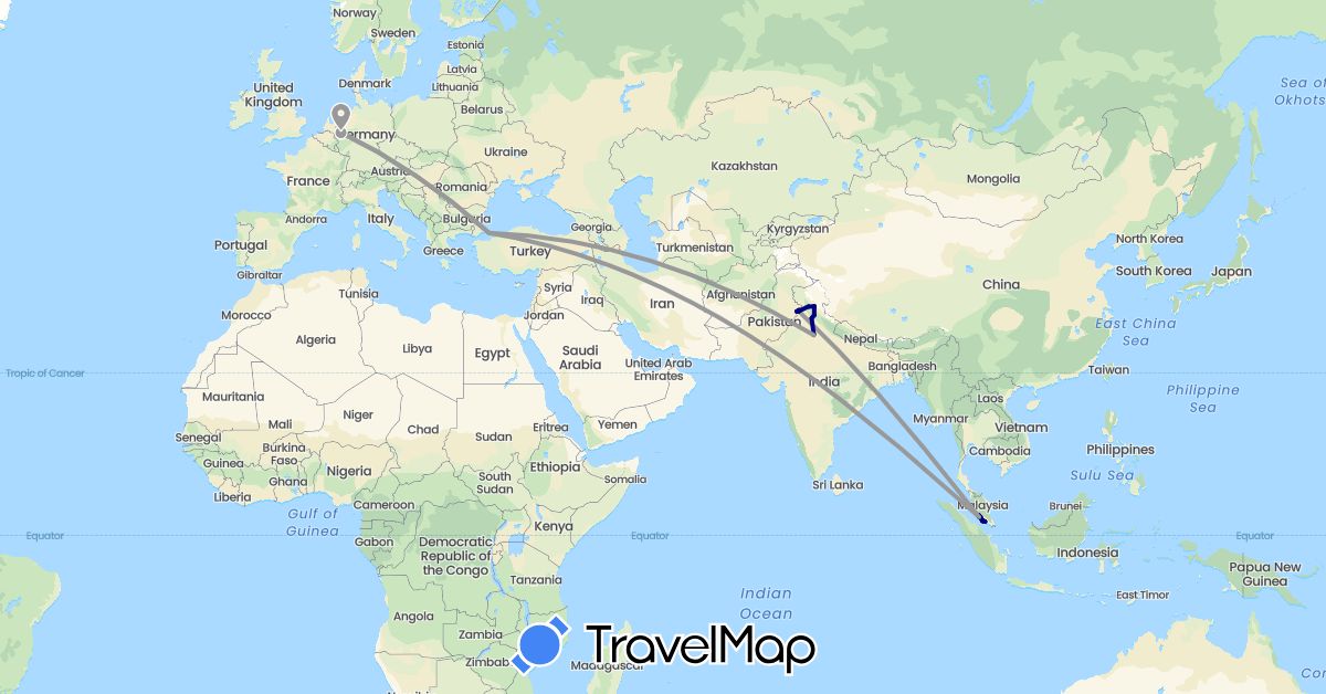 TravelMap itinerary: driving, plane in Germany, India, Malaysia, Turkey (Asia, Europe)