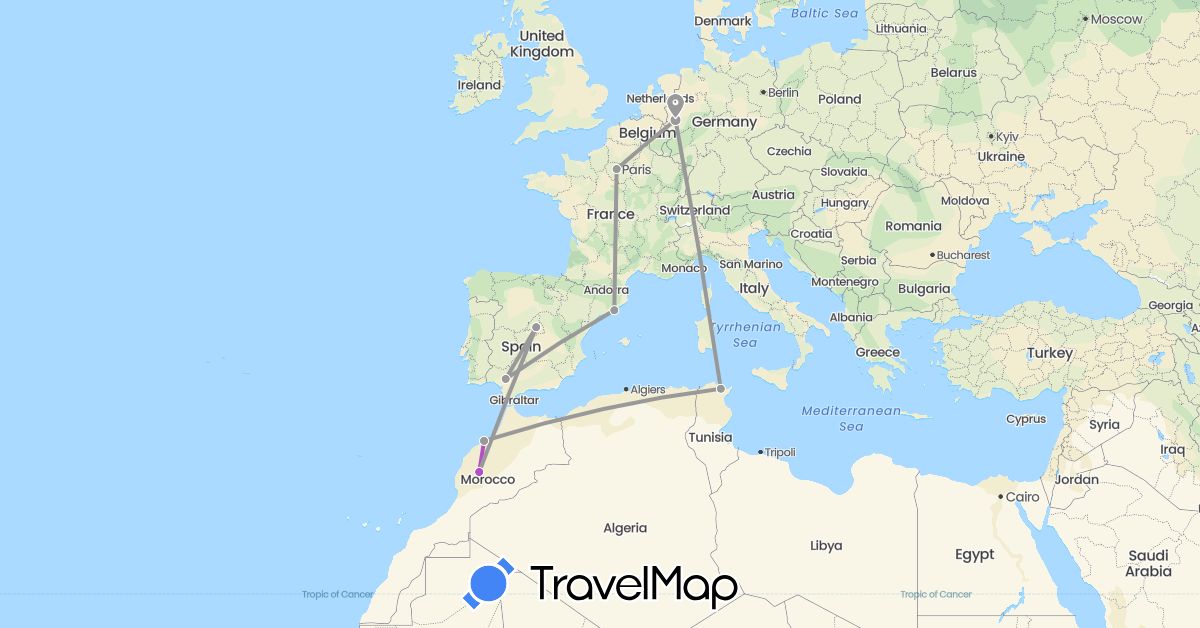TravelMap itinerary: driving, plane, train in Germany, Spain, France, Morocco, Tunisia (Africa, Europe)